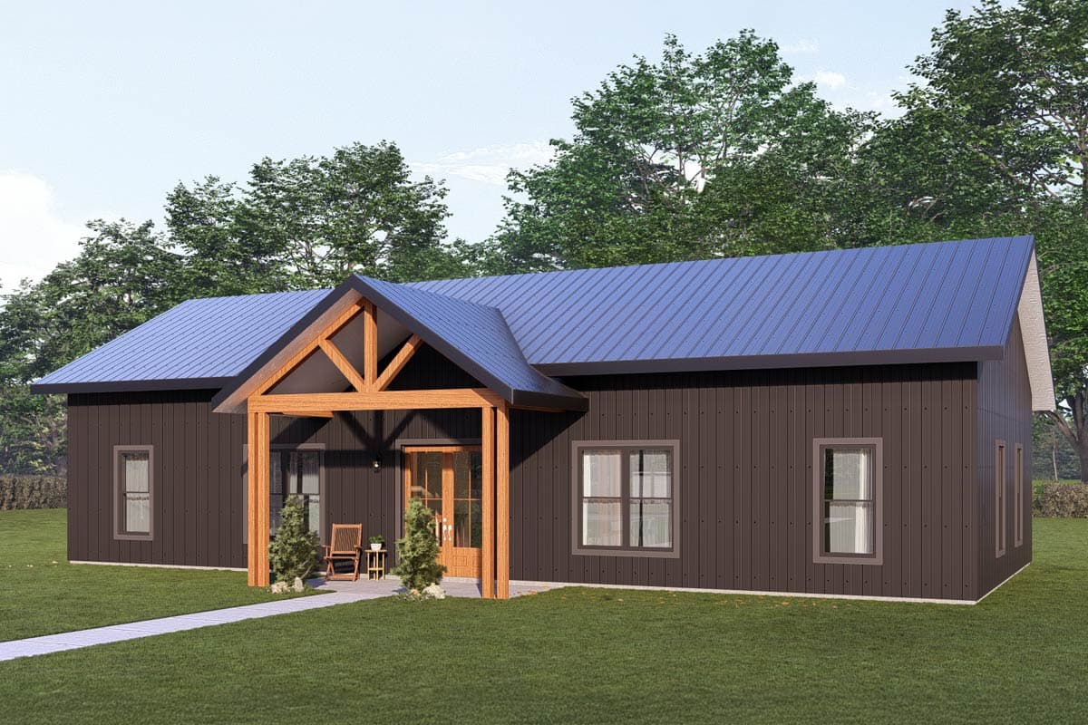 House plan exterior: Modern Ranch style, one story, dark brown vertical siding, blue metal roof, timber-framed front porch.