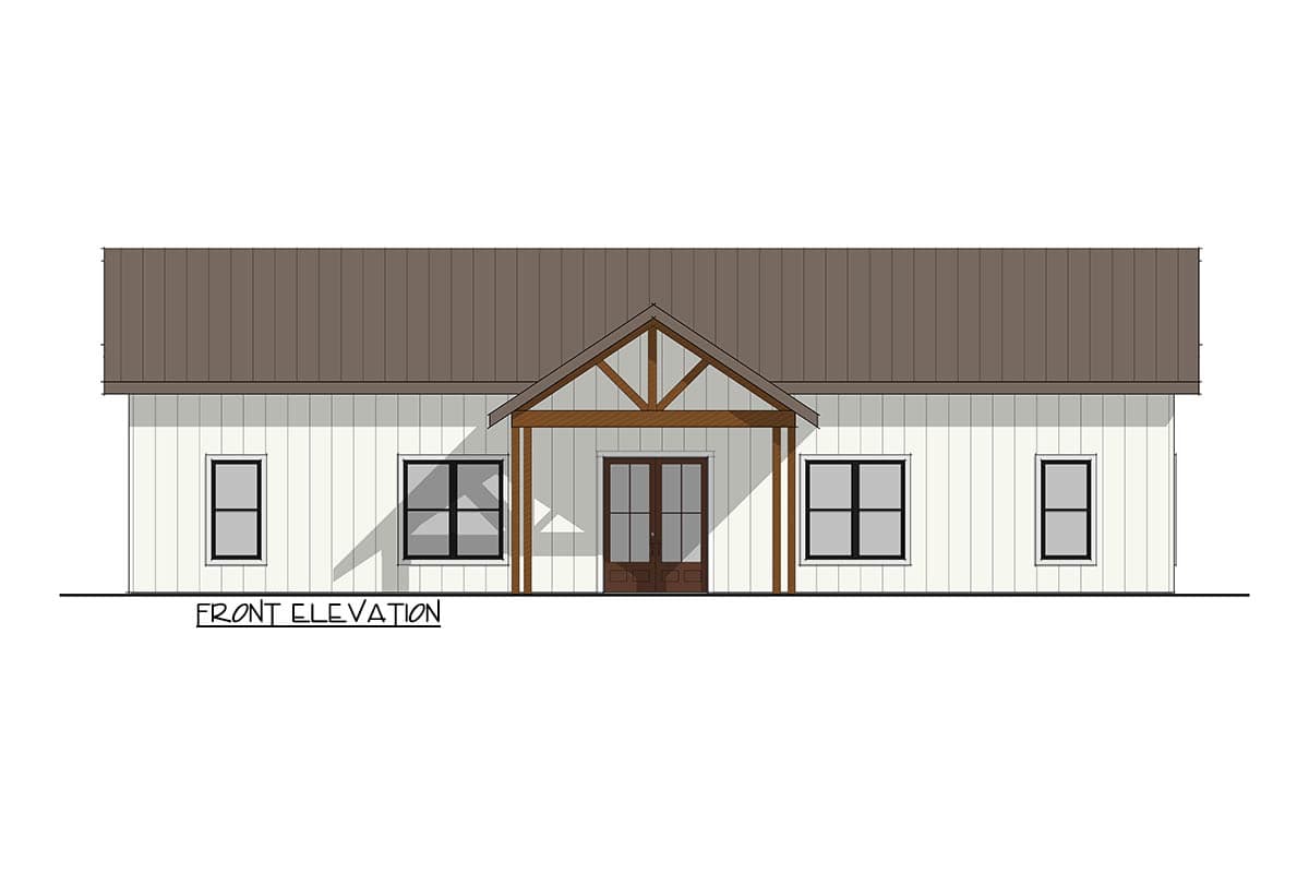 Front elevation drawing of a one-story house with a gable roof, board-and-batten siding, and a covered entry with wood beams.