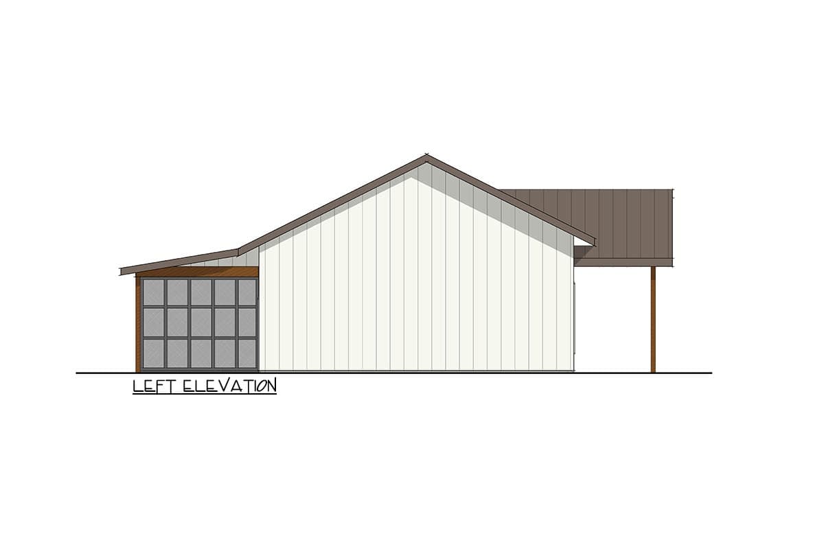 Left elevation house plan with vertical siding, gabled roof, and a multi-pane garage door.