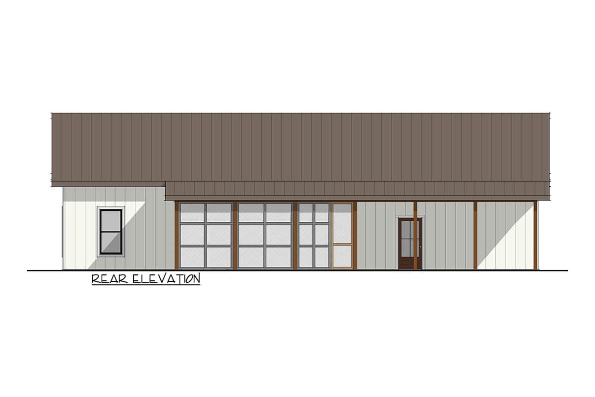 Rear elevation of a house plan featuring a metal roof, large bank of windows, and a single entry door.