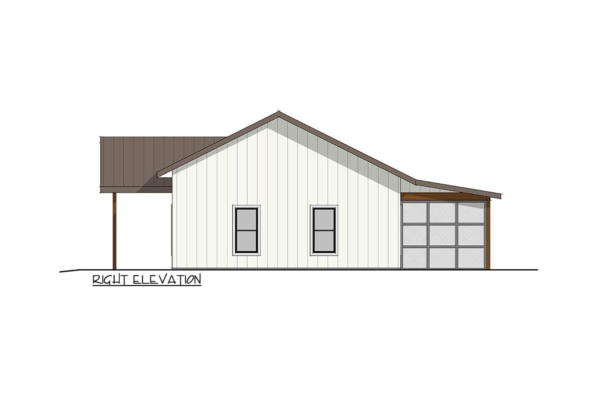 Right elevation of a one-story house plan with vertical siding, gable roof, and a segmented garage door.