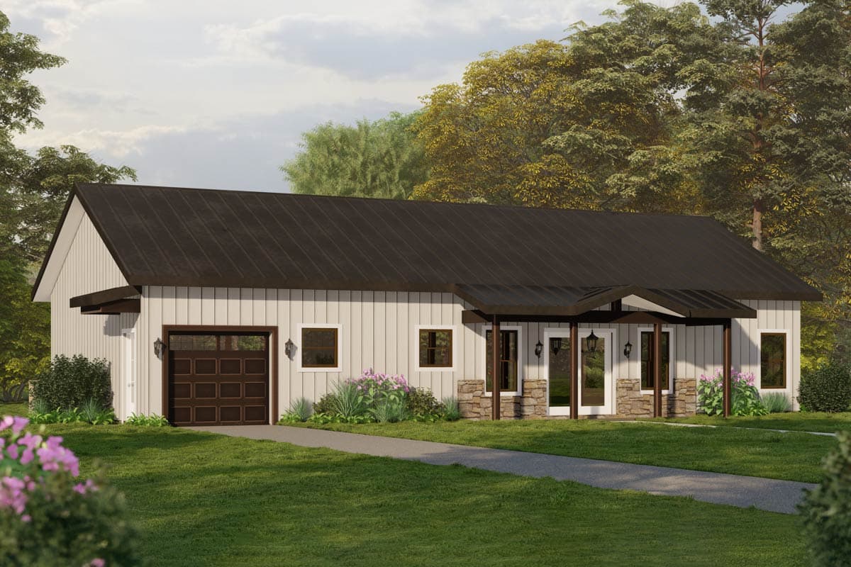 House plan exterior. Ranch style with a single story, a covered front porch, and a detached garage with an overhanging roofline.