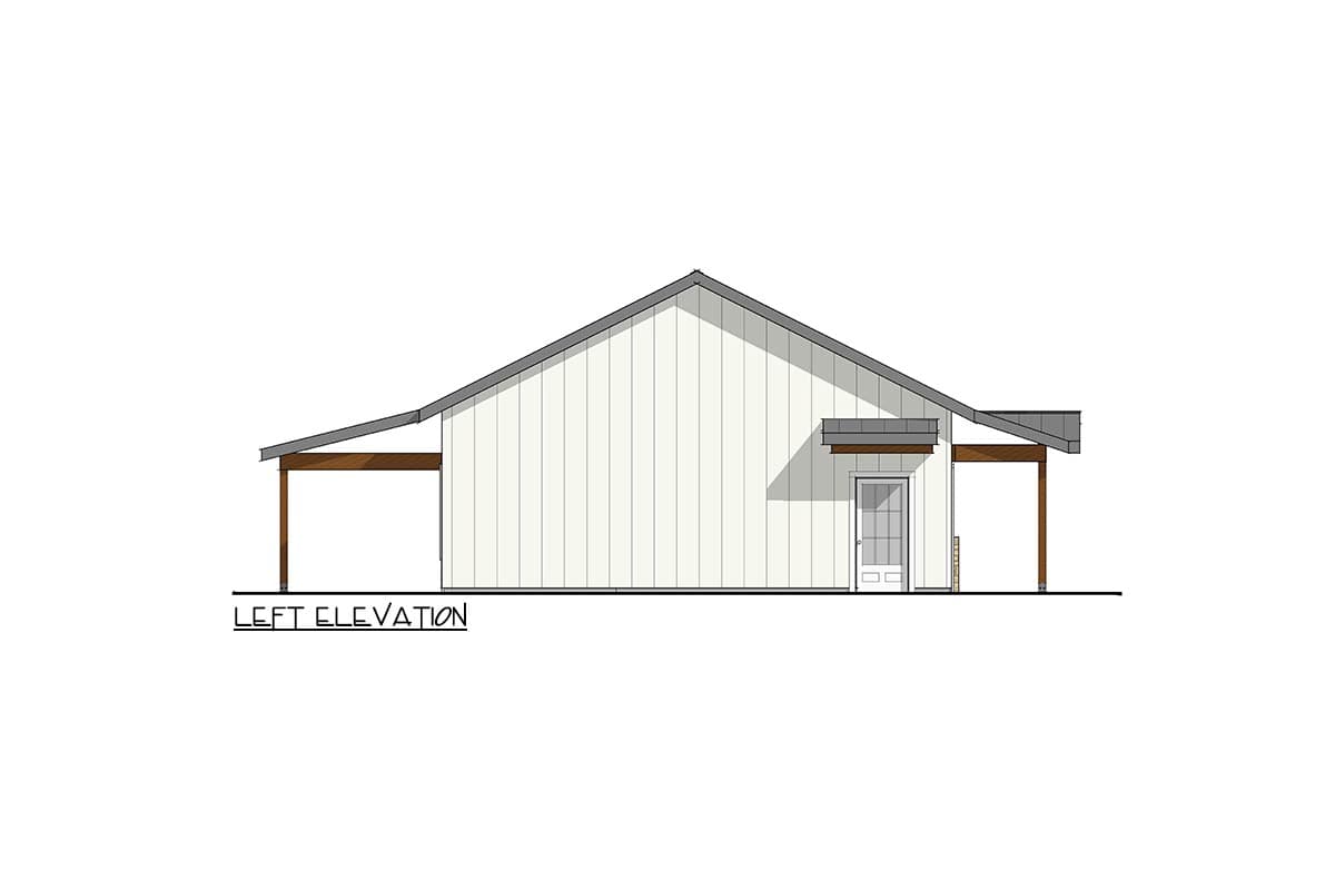 Left elevation of a house plan featuring vertical siding, gabled roof, and two covered porch areas.