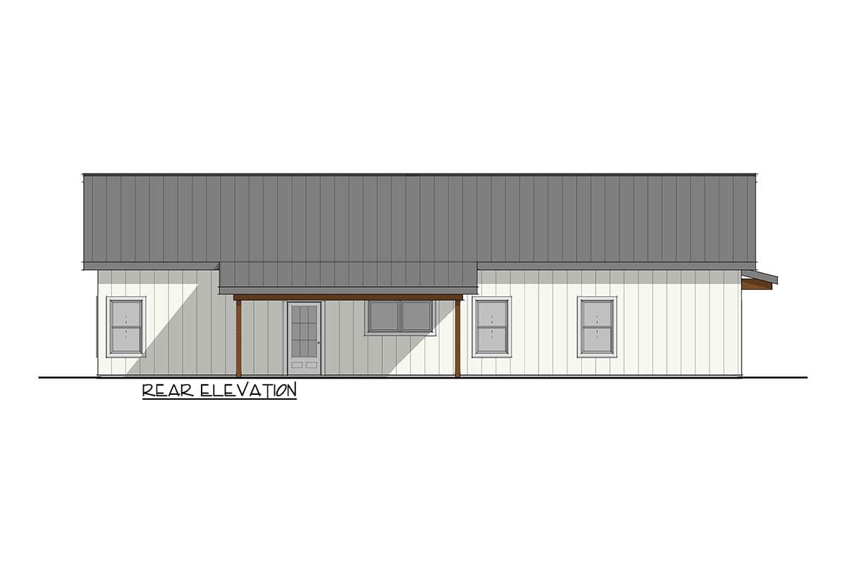 Rear elevation of a house plan featuring a metal roof, siding, a covered porch with a glass-paneled door, and multiple windows.