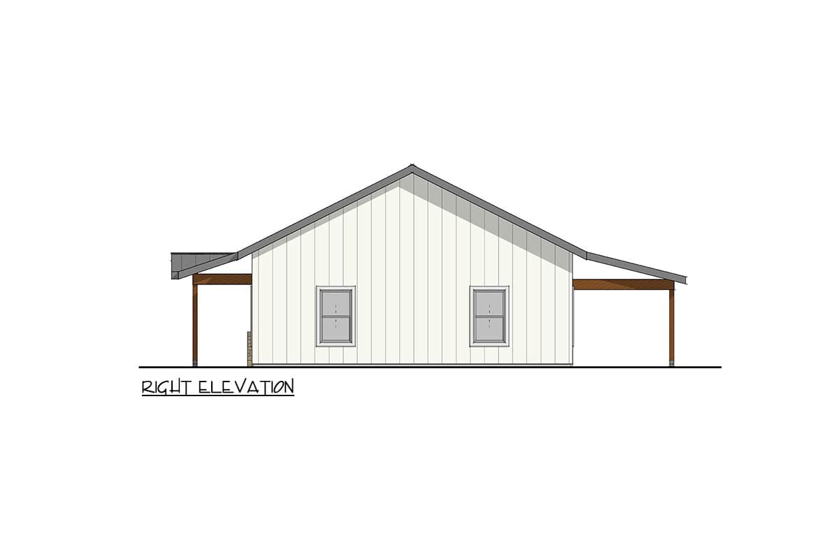 Right elevation house plan: single-story with gabled roof, vertical siding, two windows, and covered porch.