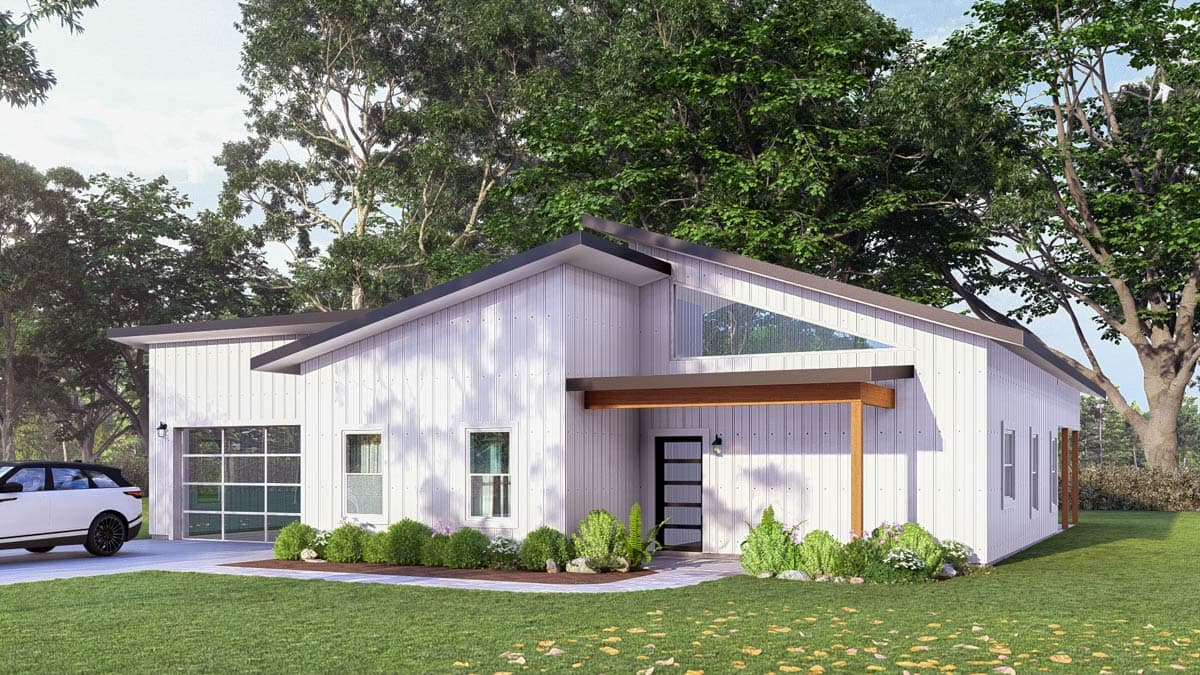 Modern house plan exterior with vertical siding, a single story, a cantilevered wood overhang, and a glass garage door.