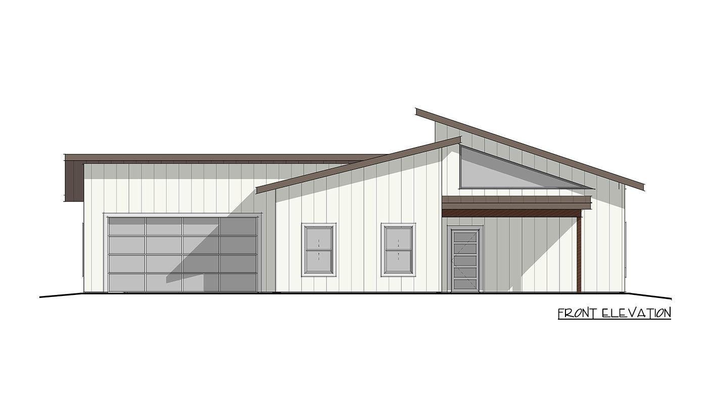 Front elevation of a modern house plan featuring vertical siding, a multi-level roofline, garage door, and entry door.