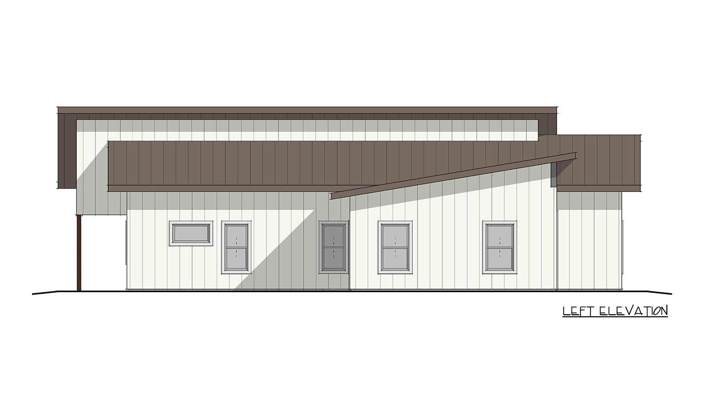 Left elevation of a house plan showing vertical siding, a shed roofline, and five windows.