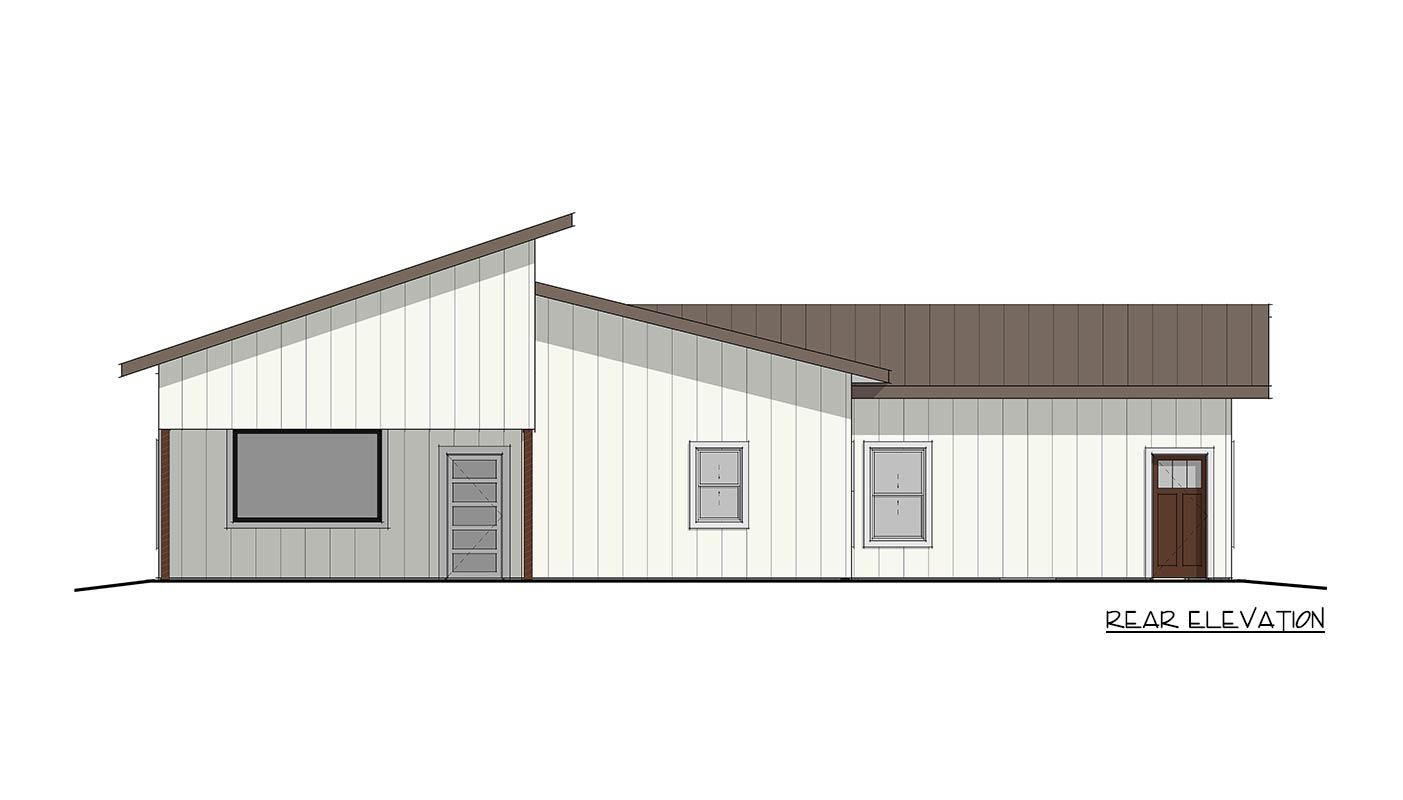 Rear elevation of a one-story house plan with a single-sloped roof, large window, and two doors.
