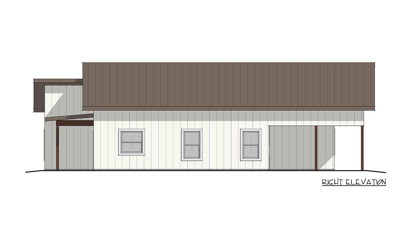 Right elevation of a house plan showing three windows, a gable roof section, and vertical siding.
