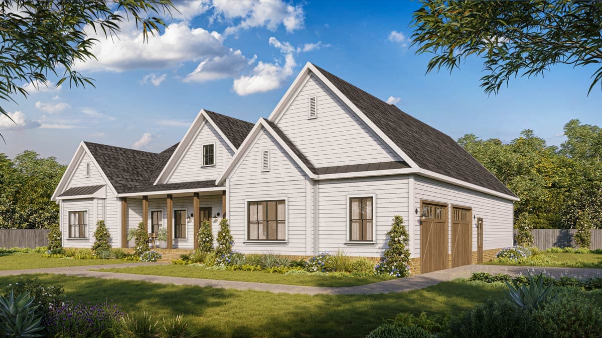 House plan exterior: Modern Farmhouse style, one story, with covered porch, gables, and attached two-car garage.