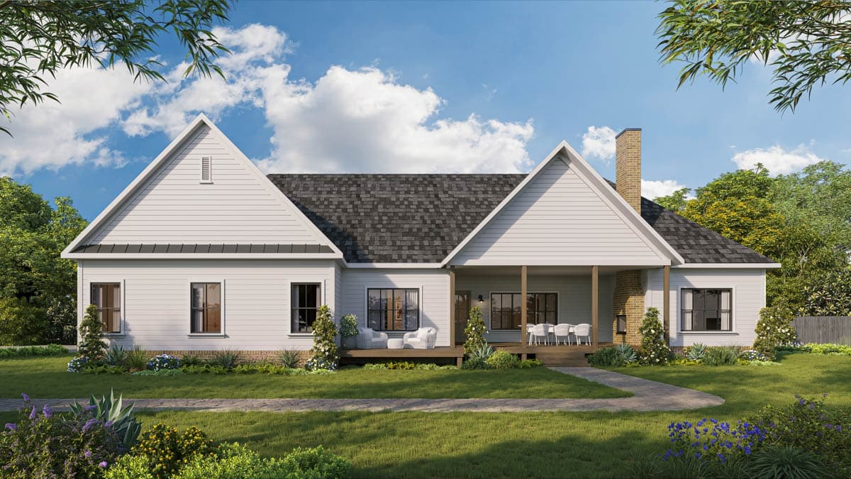 House plan exterior: One-story Modern Farmhouse with gables, covered porch, and brick chimney.