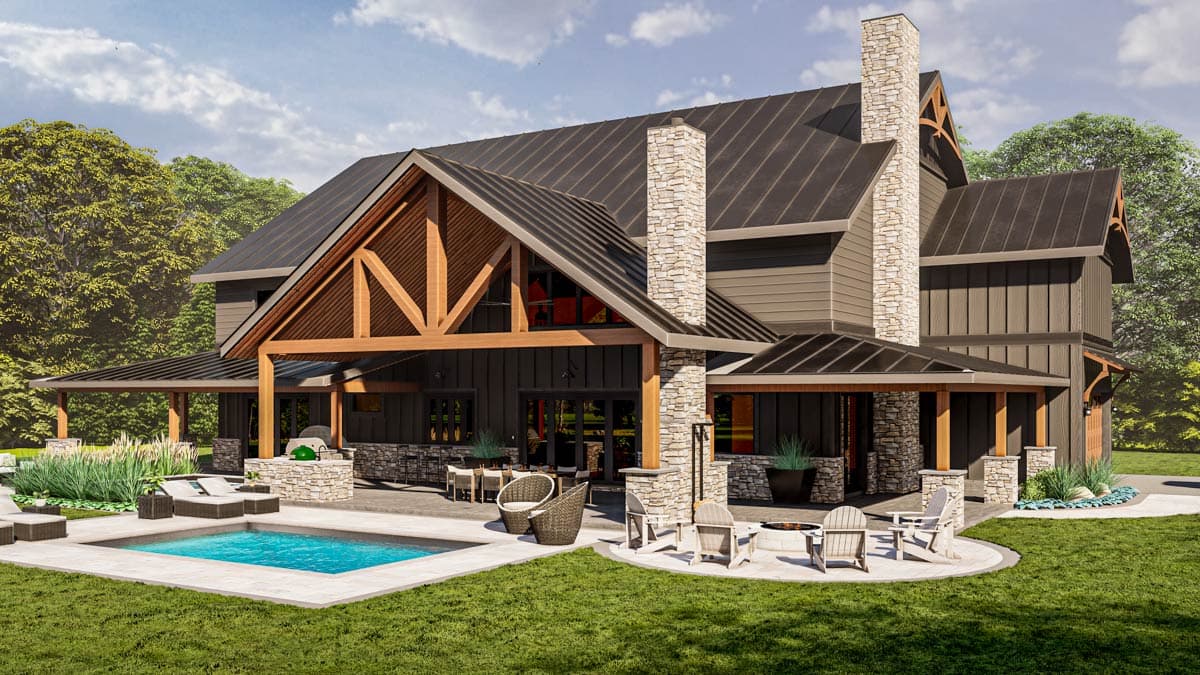 House plan exterior: Modern A-frame style with prominent wooden beams, a metal roof, stone chimney, and covered patio with outdoor kitchen.