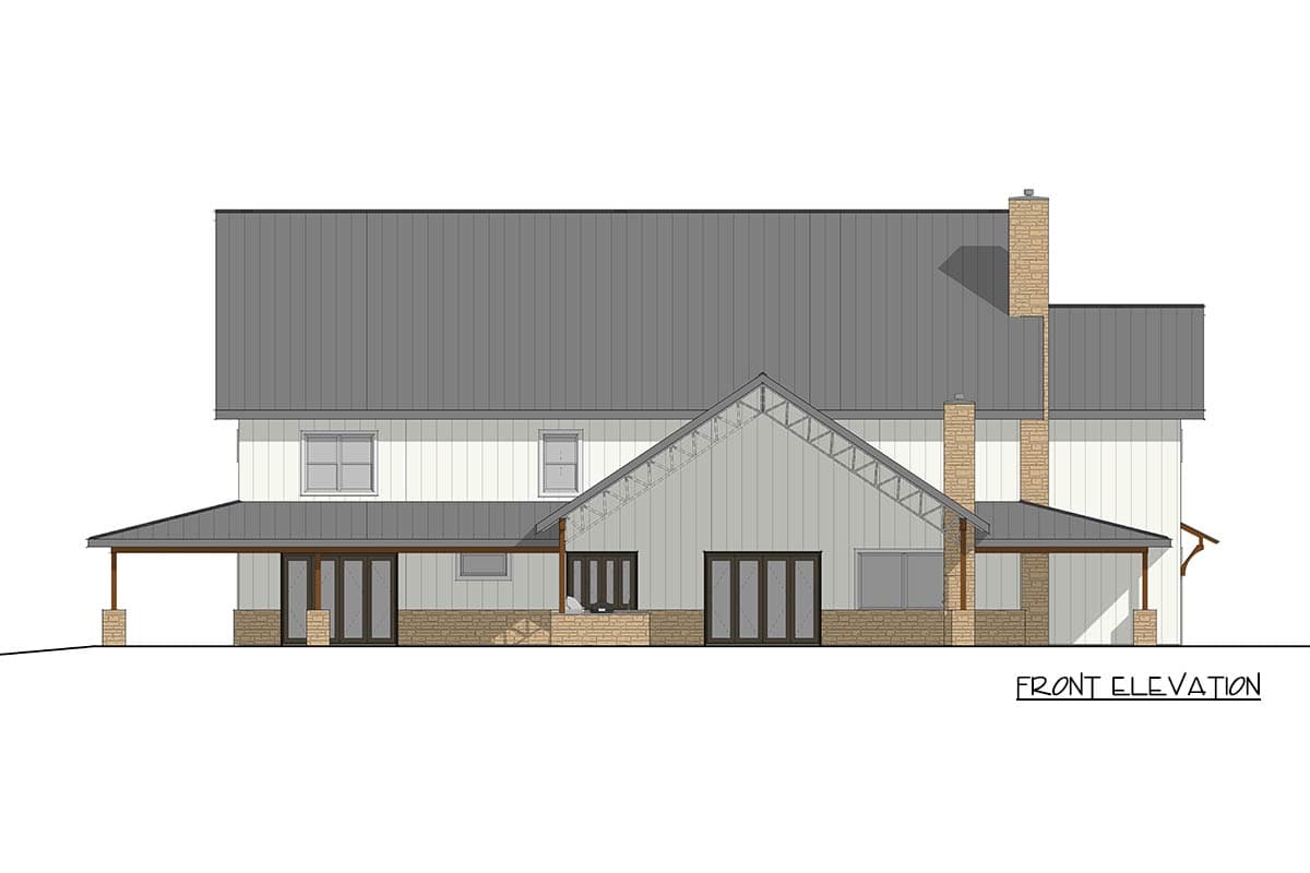 Front elevation drawing of a two-story house plan with a gabled central section, wrap-around porch, and stone chimney.