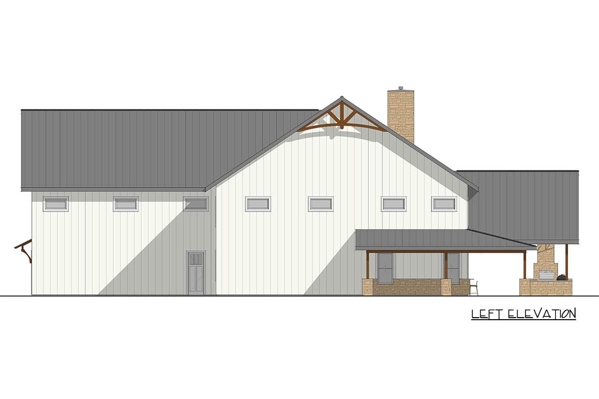 Left elevation of a Modern Farmhouse plan featuring board and batten siding, metal roof, gable with exposed beams, and covered porch with stone base.