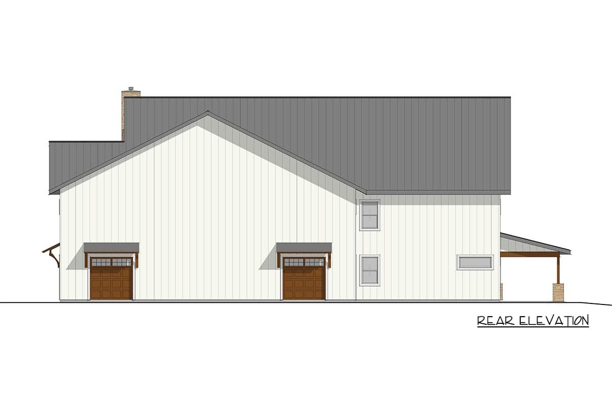 Rear elevation of a two-story house plan with white siding, a metal roof, two garage doors, and a covered porch.