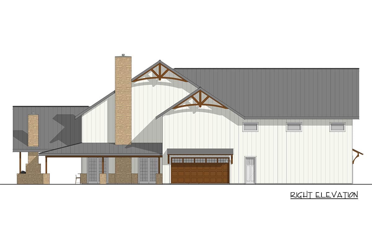 Right elevation of a Modern Farmhouse plan with metal roof, stone chimney, board-and-batten siding, and garage.