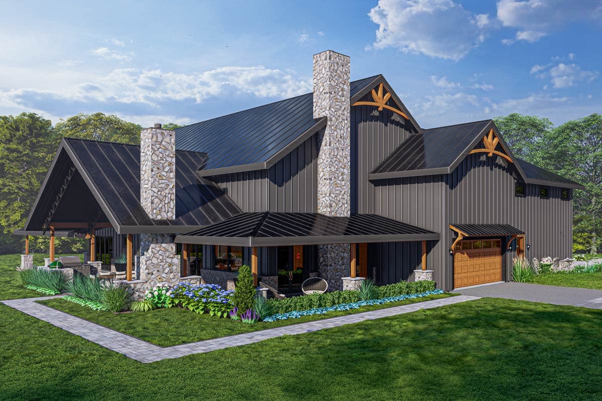 House plan exterior. Two-story Modern Farmhouse with stone chimney, covered porch, and gabled rooflines with decorative timber accents.