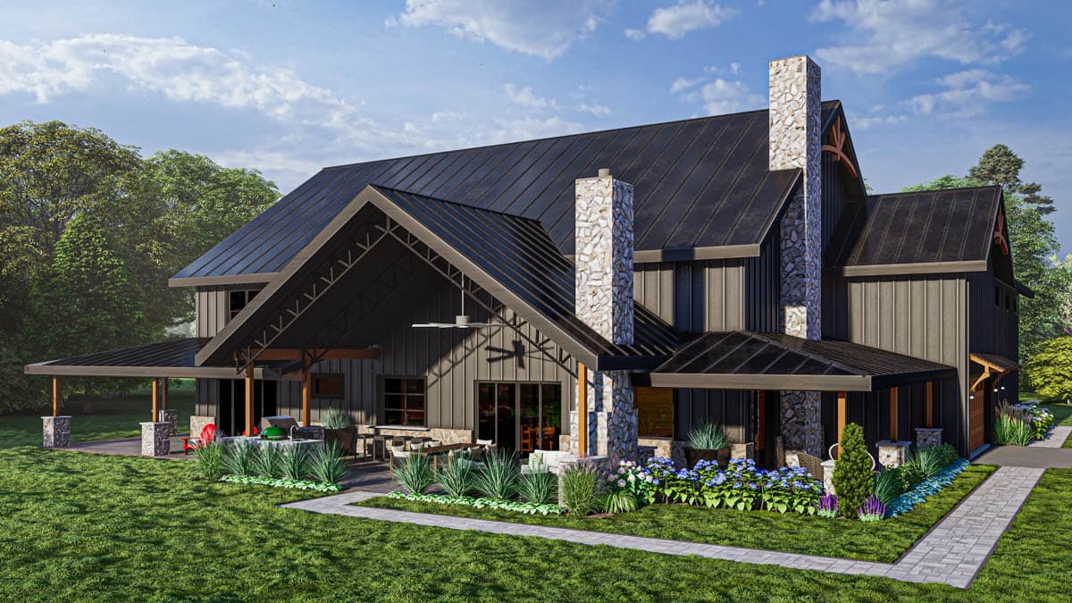 Modern Farmhouse house plan exterior with dark metal roof, stone chimney, covered porch, and large windows.