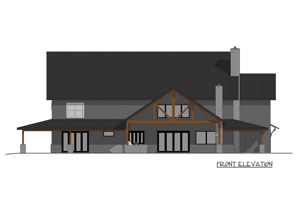 Front elevation of a two-story house plan with a gabled roof, exposed beams, stone chimneys, and a covered porch.