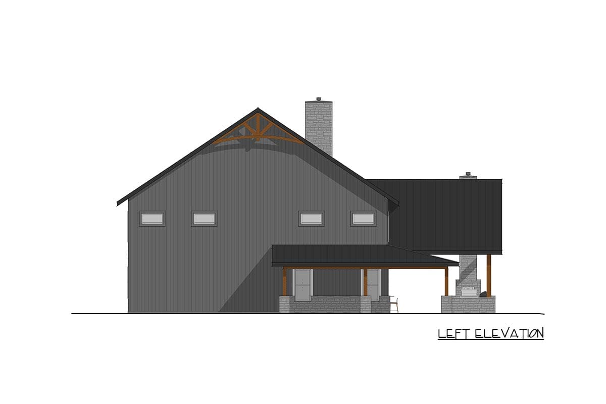 Left elevation of a modern house plan featuring a prominent gable, stone chimney, covered porch, and outdoor fireplace.
