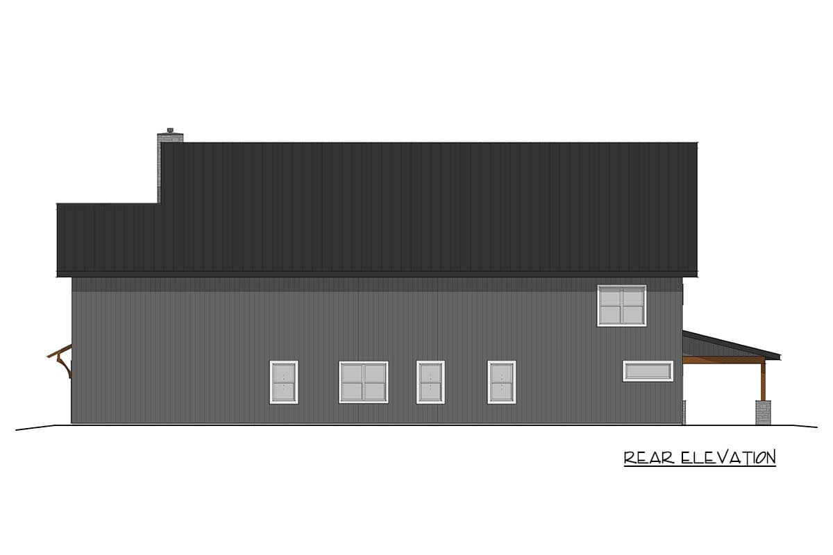 Rear elevation house plan with a two-story structure, dark metal roof, siding, chimney, and covered porch.