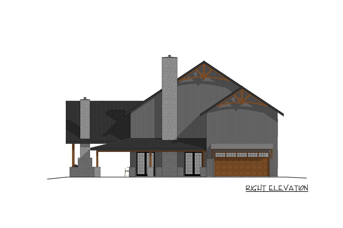Right elevation house plan with stone chimney, metal roof, exposed trusses, and garage.