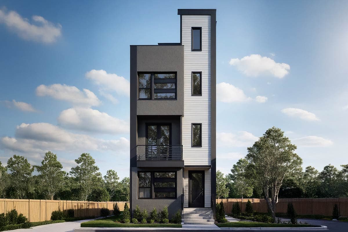 House plan exterior rendering. Modern style, three-story home. Features include a balcony, vertical siding, and a flat roofline.