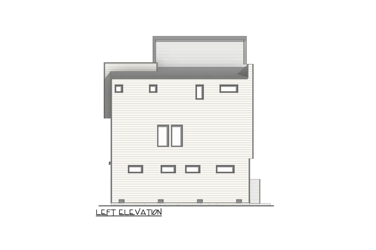 Left elevation drawing of a multi-story house plan with horizontal siding and numerous rectangular windows.