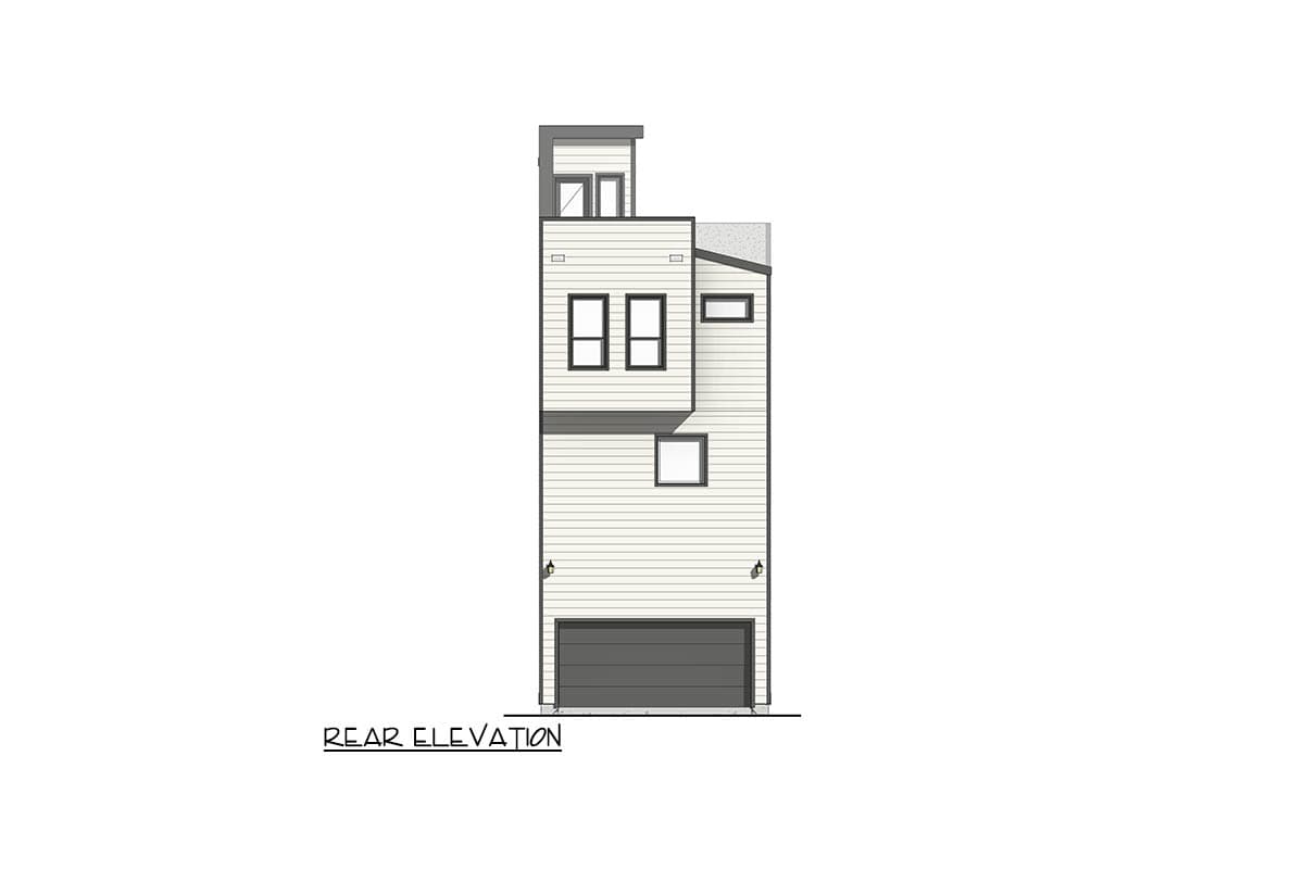 Rear elevation drawing of a narrow, multi-story house plan featuring a garage, multiple windows, and varied rooflines.