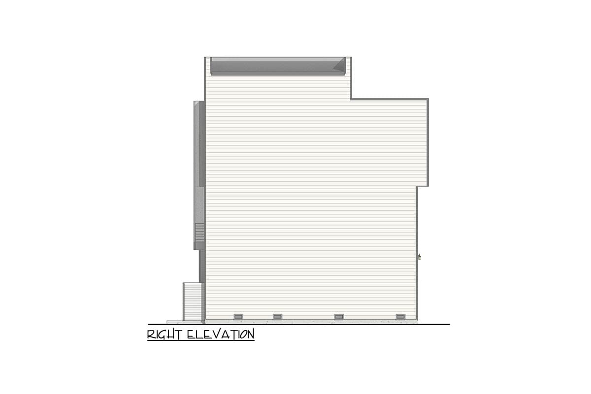 Right elevation of a house plan showing horizontal siding, a stepped roofline, and small square windows near the foundation.