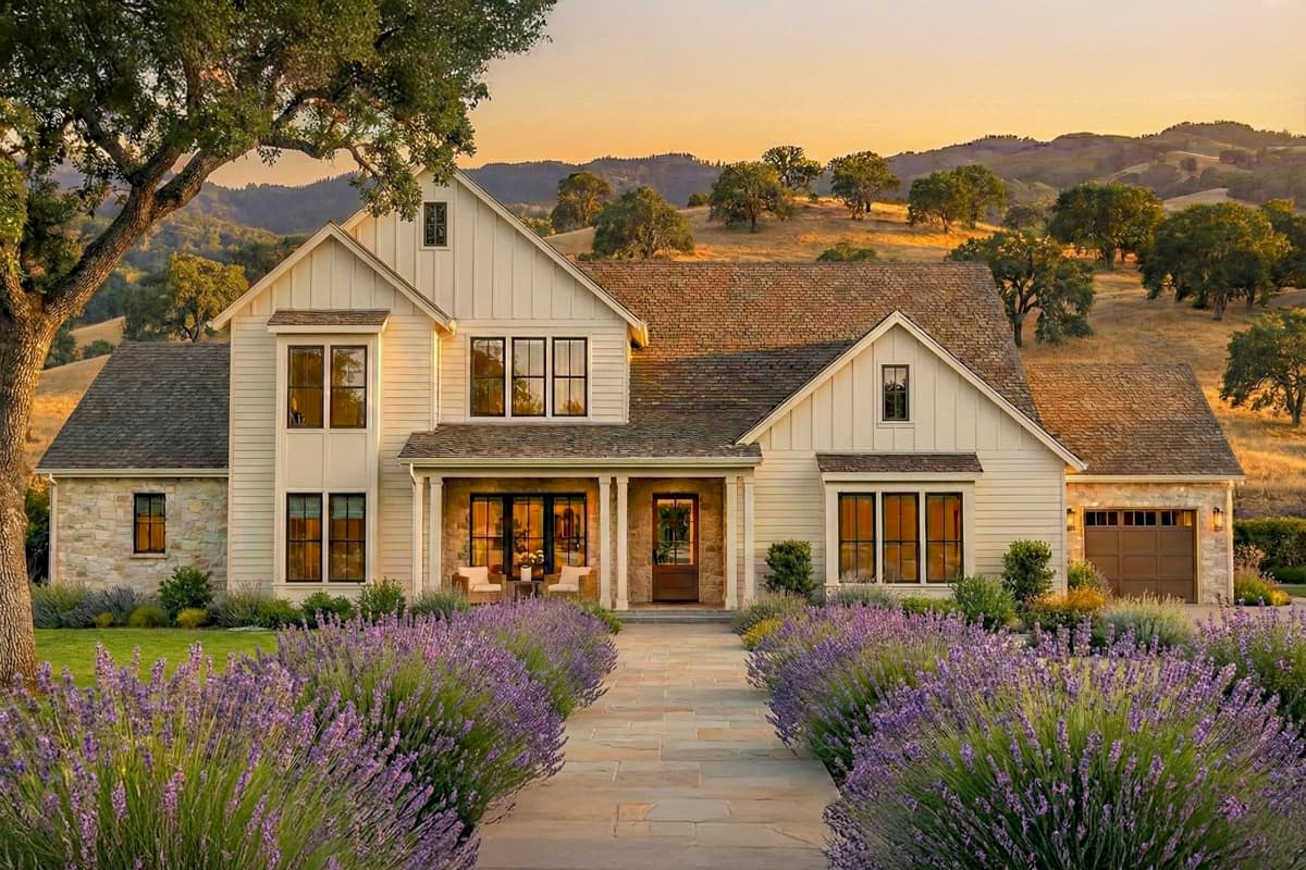 Exterior view of a modern farmhouse with white siding, stone accents, and a covered porch. Lush landscaping surrounds the home.