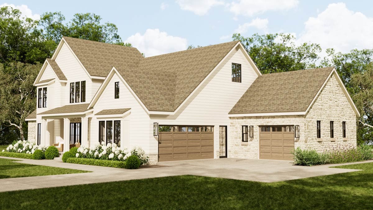 Architectural rendering of a modern farmhouse style home with white siding, stone accents, and two-car garage.