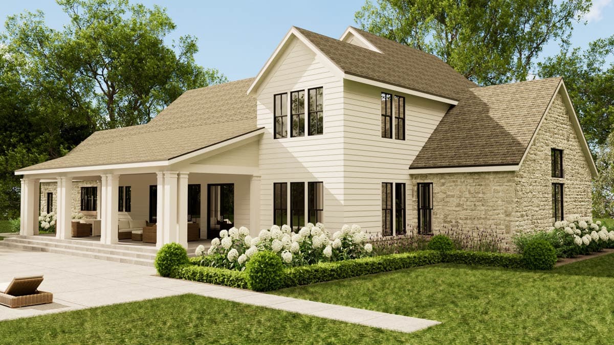 Exterior rendering of a modern farmhouse with white siding, stone accents, and a large porch, surrounded by landscaping.