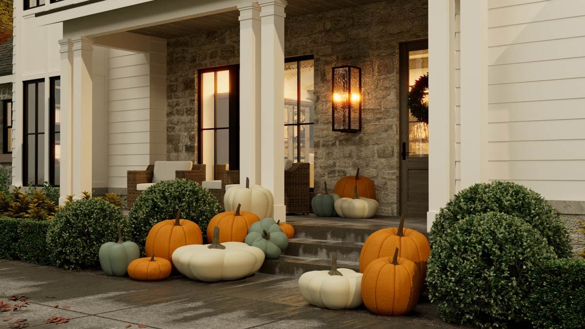 A front porch decorated for fall with pumpkins, a wreath on the door, and decorative lights.