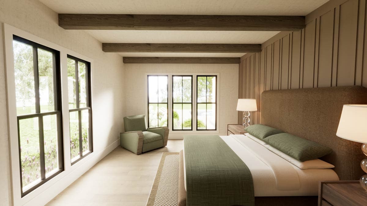 Bedroom interior with large windows, wooden beams, a bed with green bedding, and a green armchair.