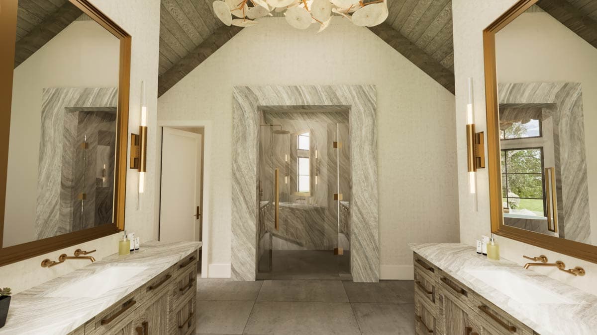 Luxurious bathroom design with marble accents, gold fixtures, and a glass-enclosed shower in the center.