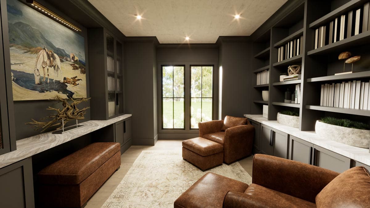 Luxurious home office with leather seating, bookshelves, and a window. Decor includes art, a bench, and a unique wood sculpture.