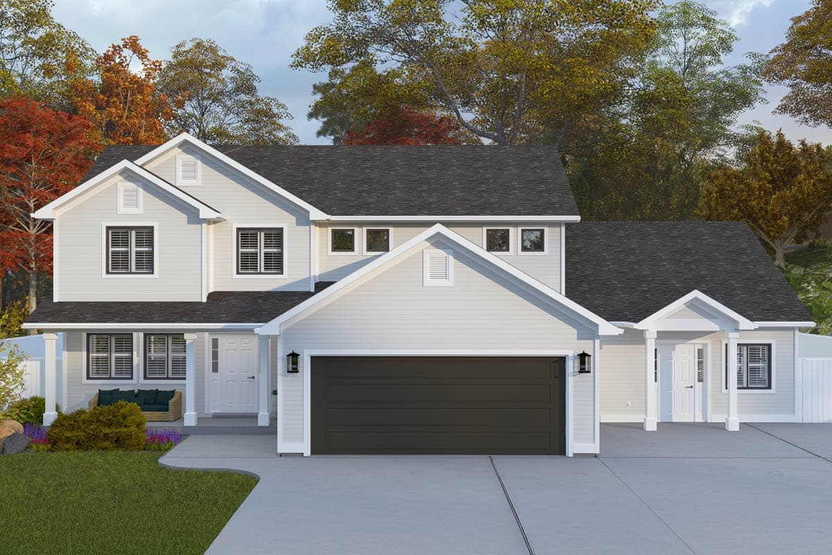 House plan exterior. Two-story with a gable roof, covered porch, and attached garage. Features include dormers and a symmetrical facade.
