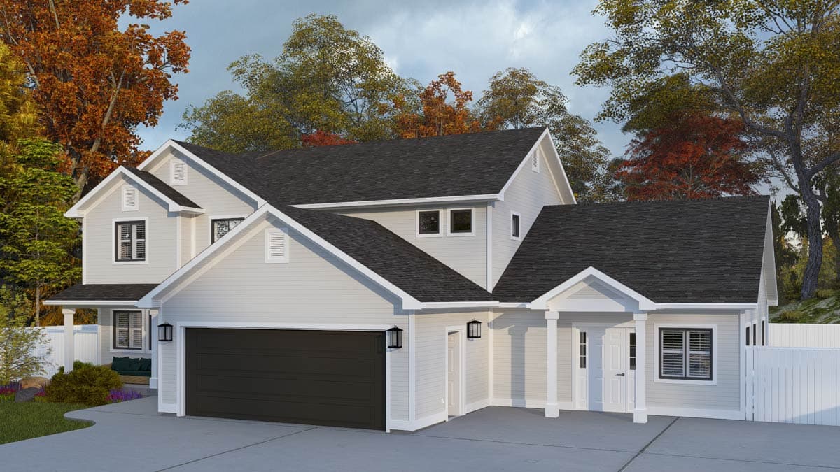 House plan exterior of a two-story home with a side-facing garage, gable dormers, and a covered front porch.