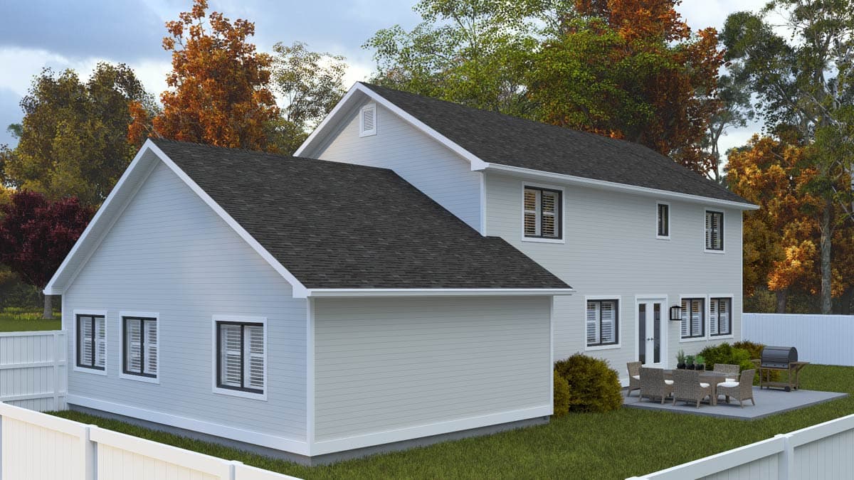 House plan exterior of a two-story residence with gables, a pitched roof, and a patio with outdoor furniture.