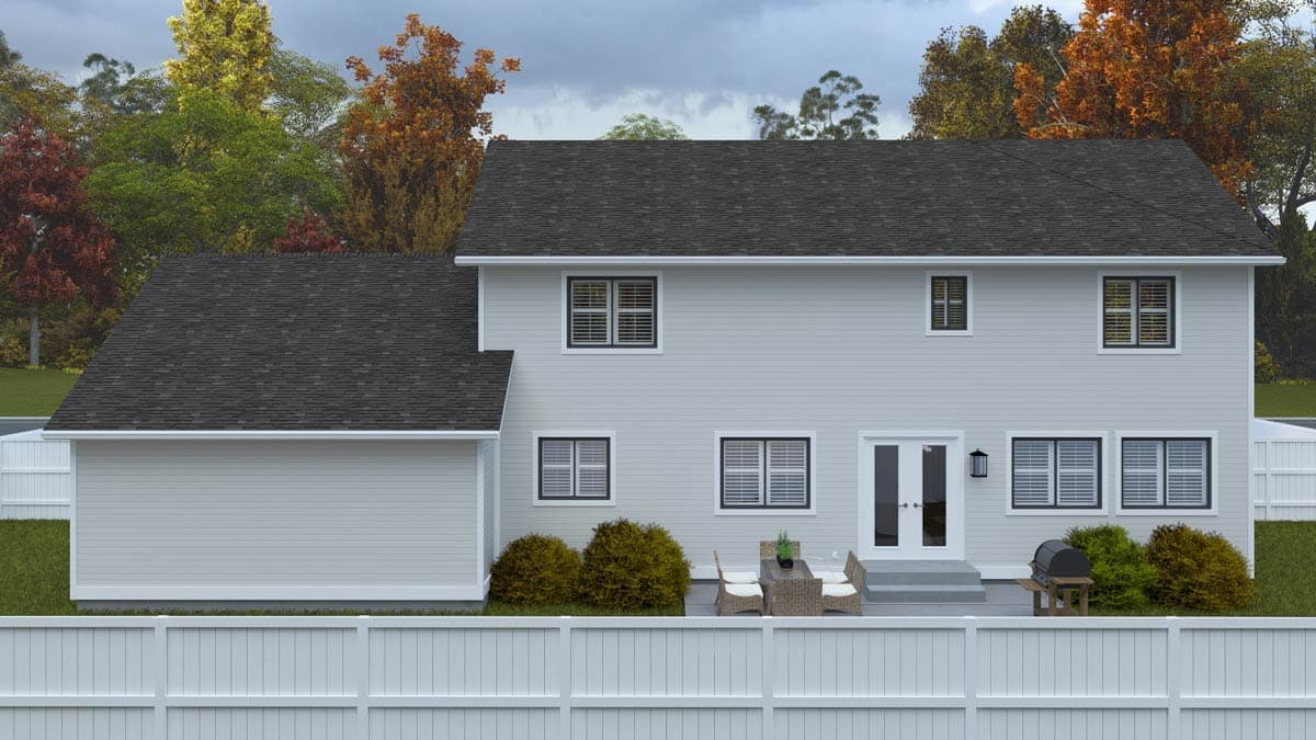 Two-story house plan exterior with attached garage, asphalt shingle roof, double doors to patio, and multiple windows.