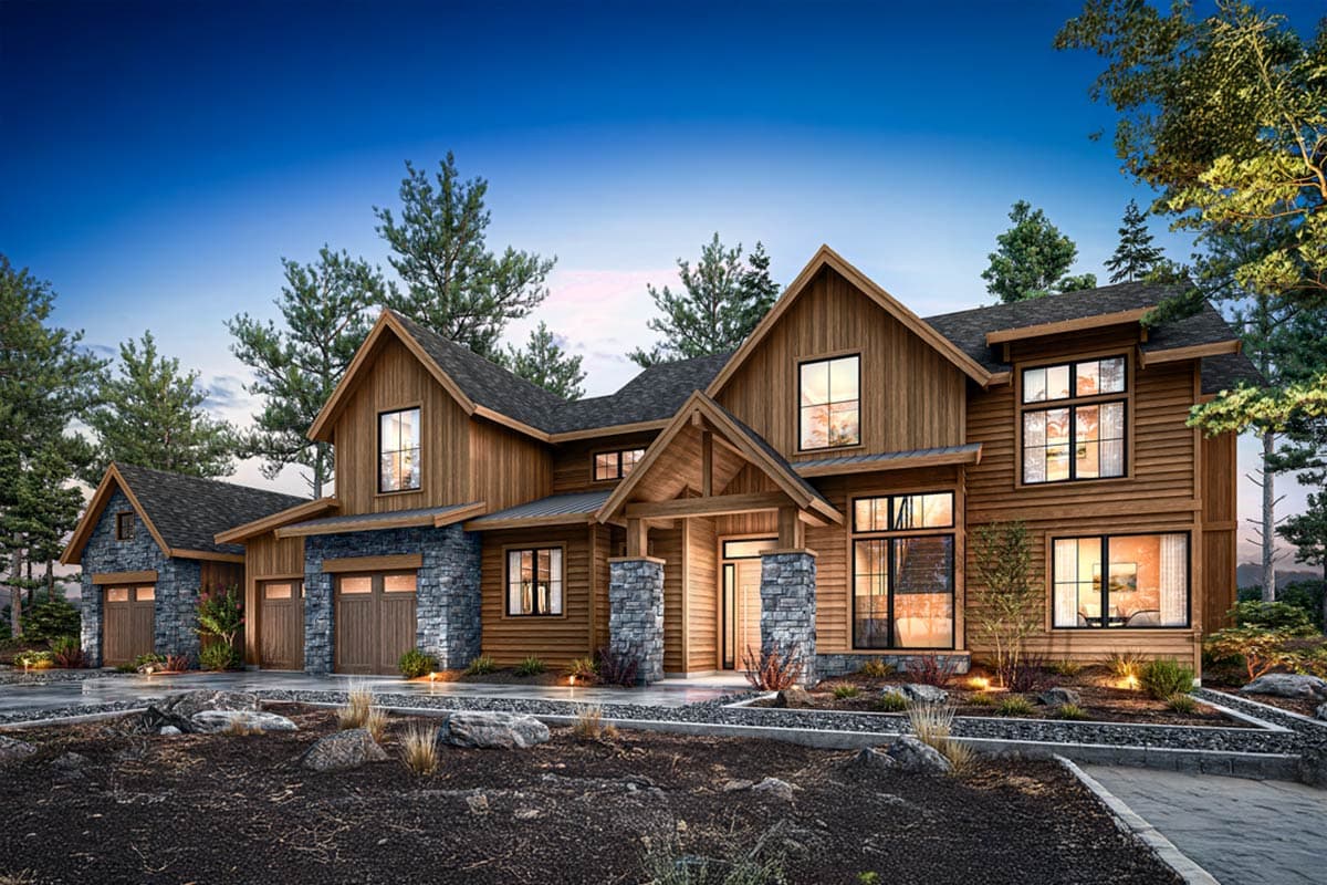 House plan exterior. Two-story Modern Farmhouse with stone accents, gabled rooflines, and a covered entry porch over the front door.