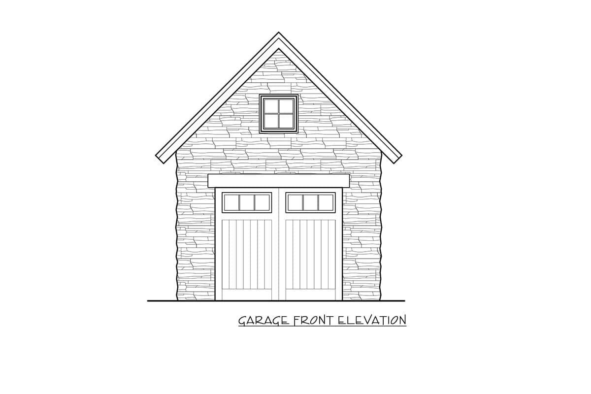 Garage front elevation drawing with stone siding, double garage doors, and a small gable window.