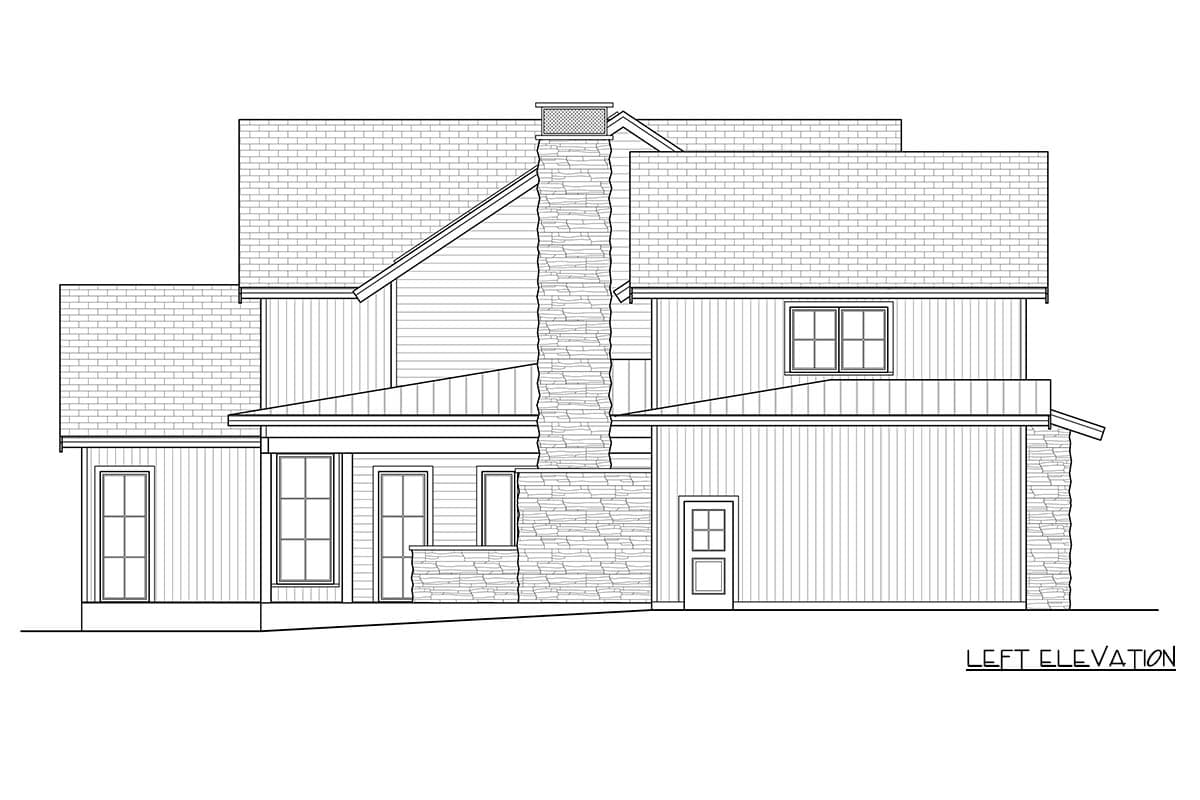 Left elevation drawing of a house plan with gabled roofs, varied siding, and a prominent stone chimney.