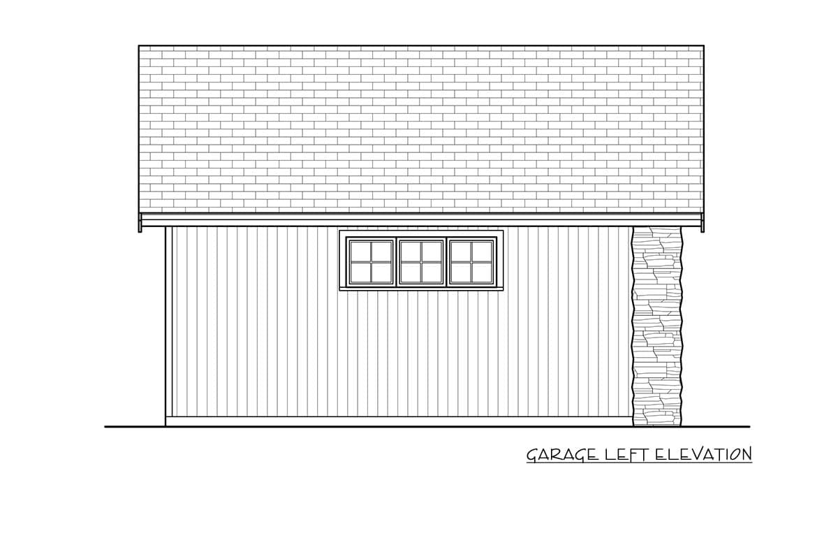 Garage left elevation drawing shows vertical siding, three windows, and stone accents.