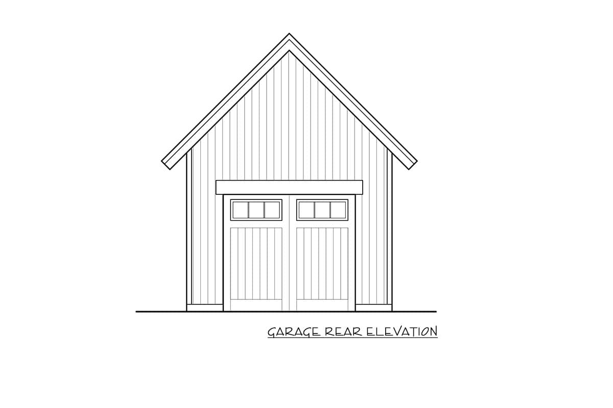 Garage rear elevation drawing showing a gable roof, vertical siding, and two garage doors with six panes each.