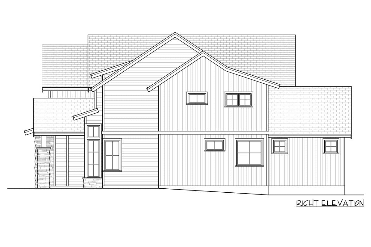 Right elevation house plan drawing showing multiple gables, varied rooflines, horizontal siding, and stone-clad entryway support.