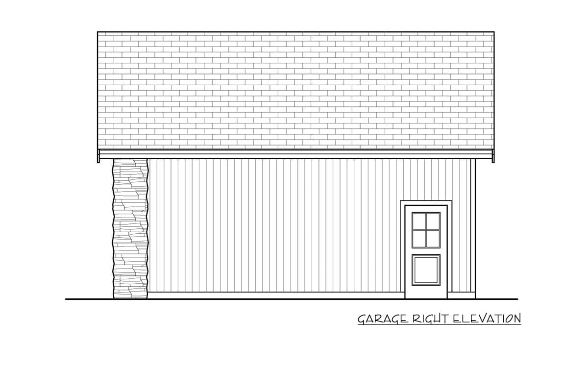 Garage right elevation drawing shows stone column, vertical siding, and a paneled door with a gable roof.