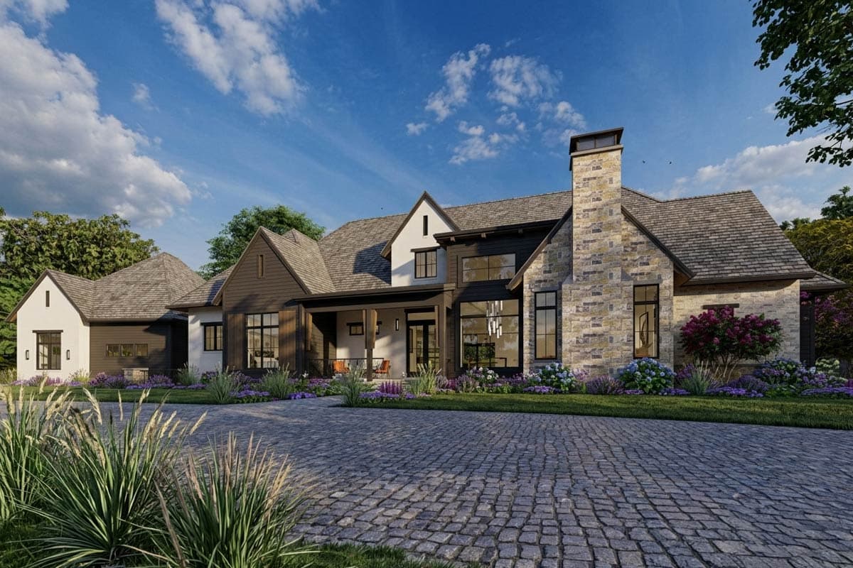 House plan exterior showing a one-story modern home with stone chimney, gables, covered porch, and attached garage.